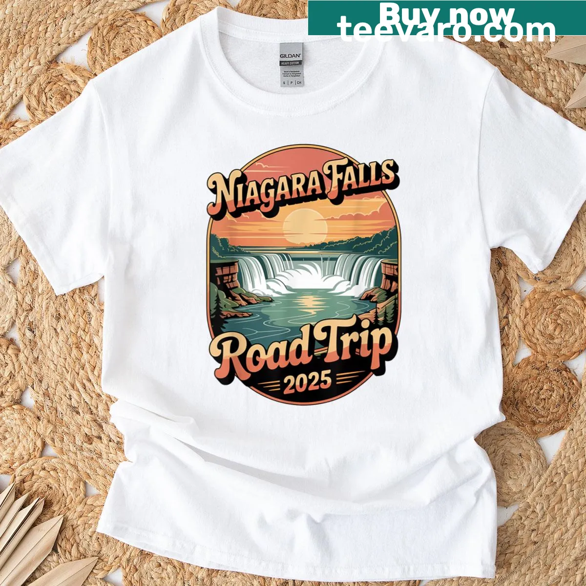 Illustrated souvenir t-shirt featuring Niagara Falls for road trip lovers — on a men's t-shirt