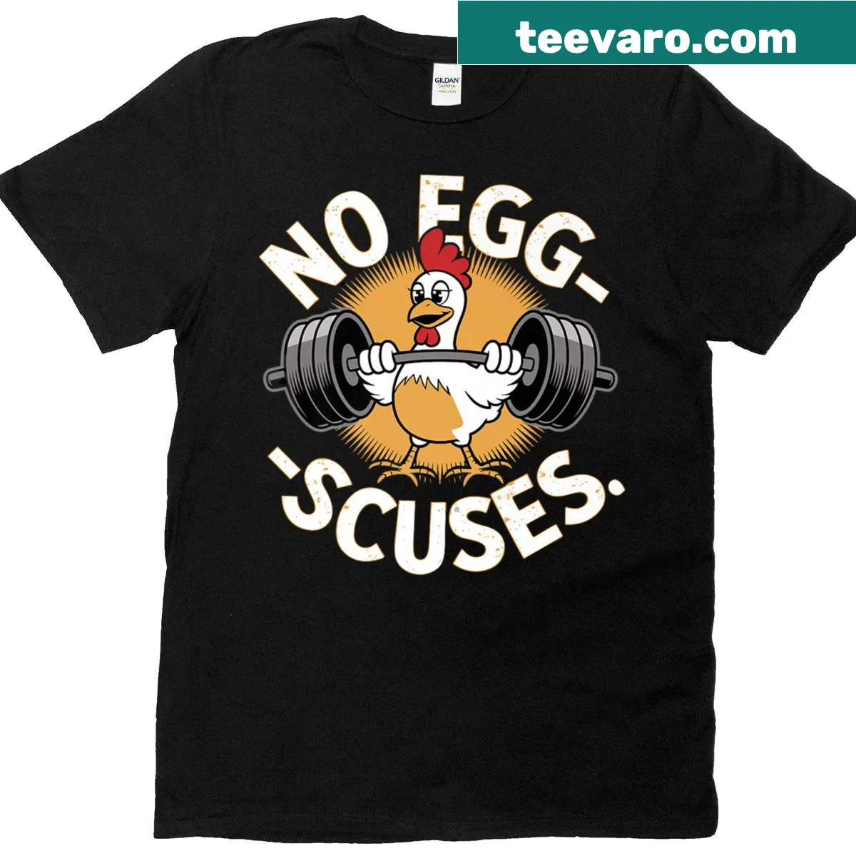 Funny workout t-shirt with the phrase 'No Eggscuses' in playful typography — on a men's t-shirt