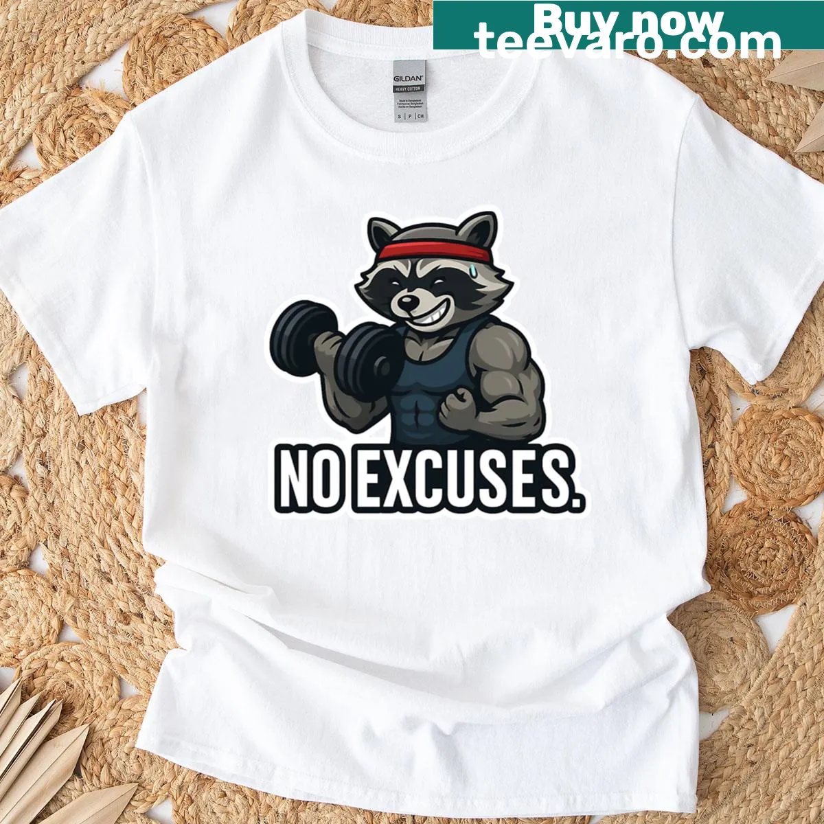 Motivational gym t-shirt with raccoon graphic and 'No Excuses' text — on a men's t-shirt