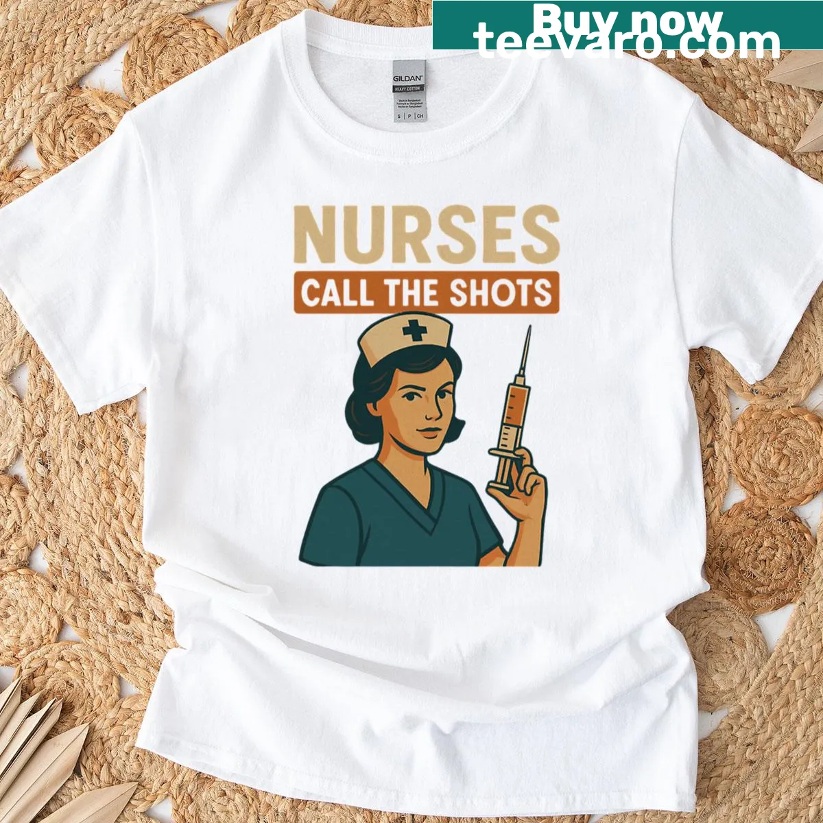 Vintage nurse t-shirt with humorous illustration saying 'Nurses Call The Shots' — on a men's t-shirt