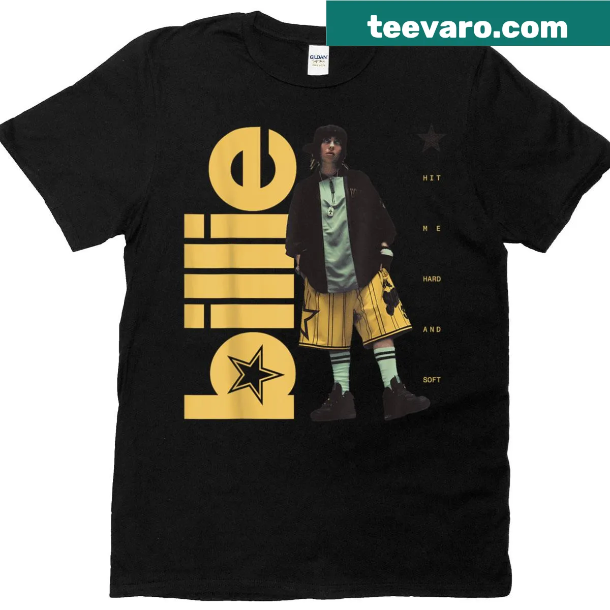 Billie Eilish standing photo graphic on t-shirt — on a men's t-shirt