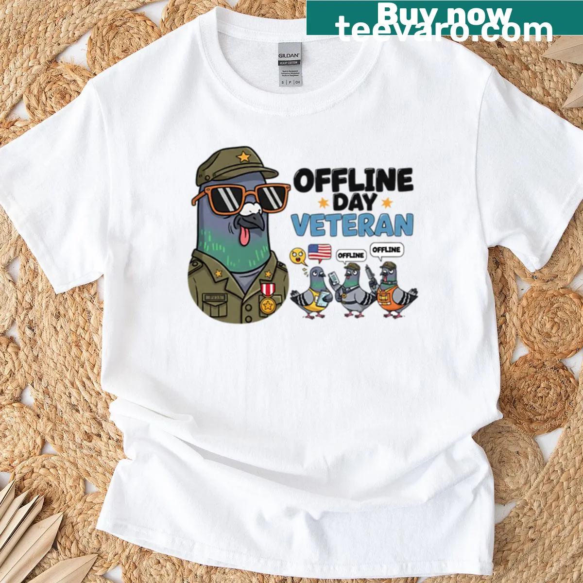 T-shirt featuring a cartoon pigeon with the phrase 'Offline Day' — on a men's t-shirt