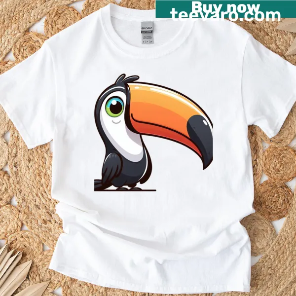 Whimsical cartoon toucan graphic on oversized T-shirt