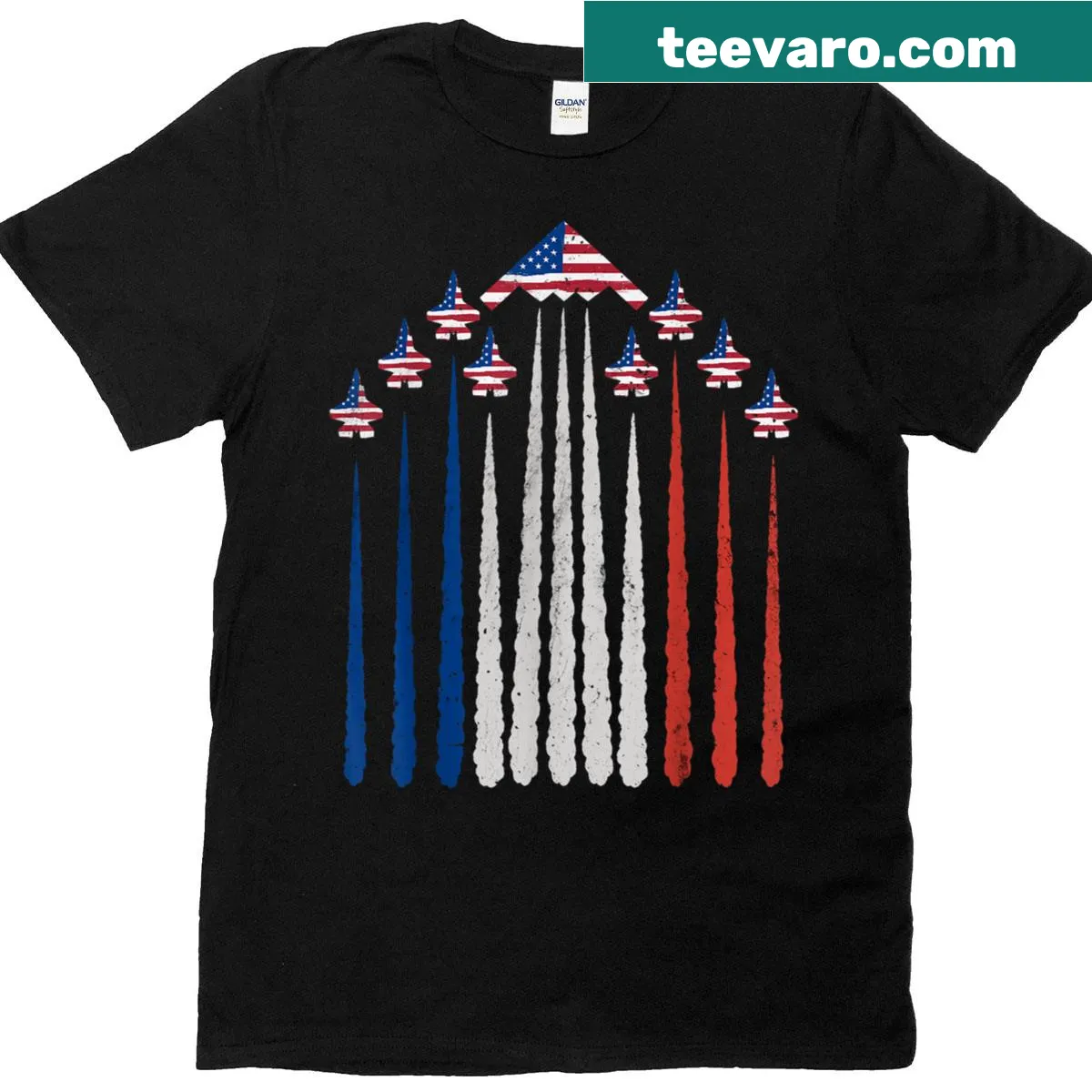 Fighter jets flying over the USA flag in a patriotic design — on a men's t-shirt