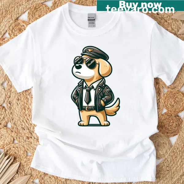 Cartoon Golden Retriever in leather jacket on boxy T-shirt
