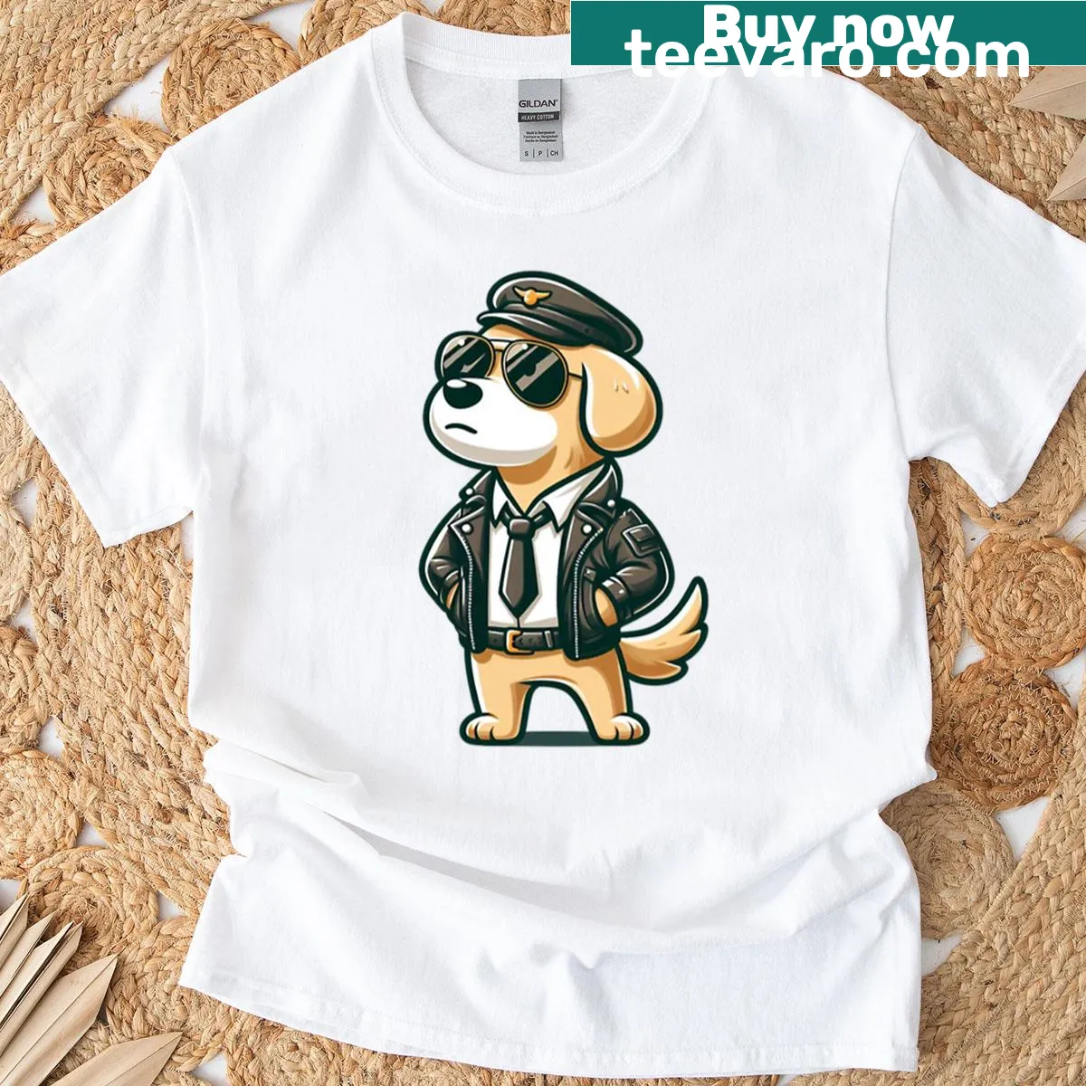 Cartoon Golden Retriever in leather jacket on boxy T-shirt — on a men's t-shirt
