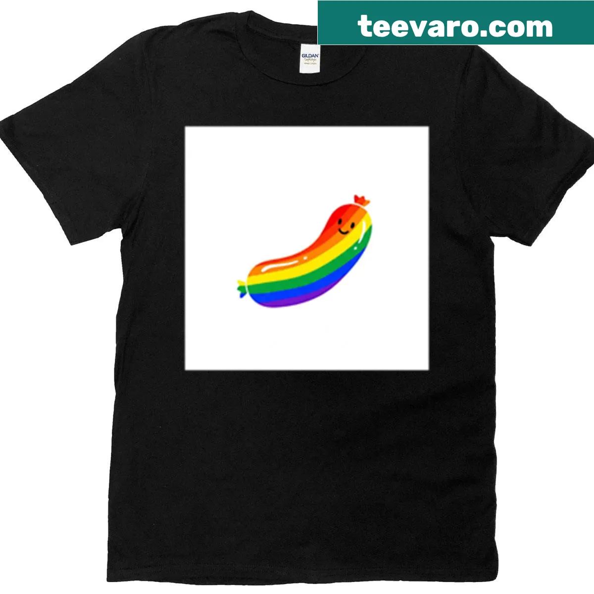 Happy rainbow sausage graphic on oversized T-shirt — on a men's t-shirt