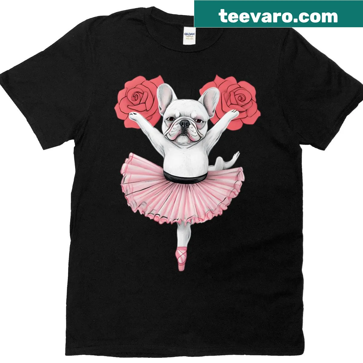 Whimsical T-shirt with a cartoon ballerina Frenchie illustration — on a men's t-shirt