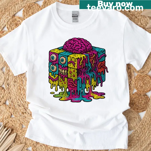 Cartoon monster holding a Rubik's Cube on a T-shirt