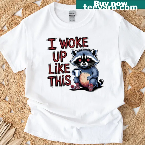 Funny raccoon graphic with coffee quote on a casual T-shirt