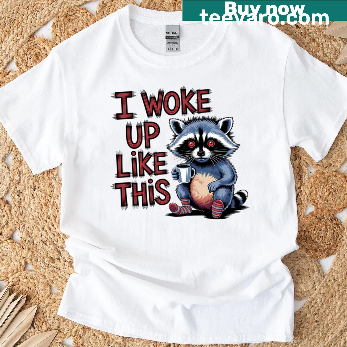 Funny raccoon graphic with coffee quote on a casual T-shirt — on a men's t-shirt