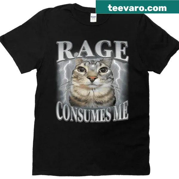 Funny T-shirt with a staring cat and the phrase 'Rage Consumes Me'