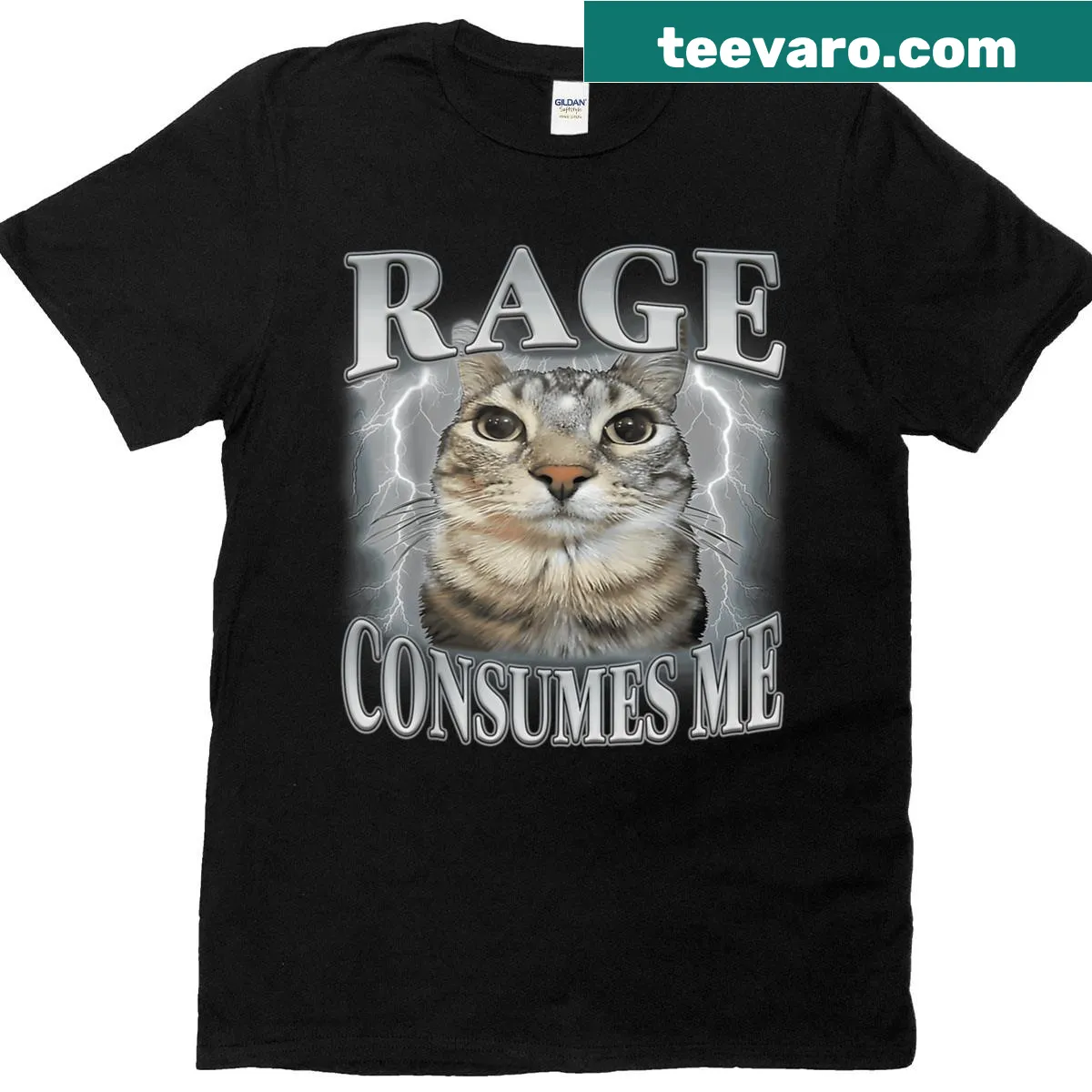 Funny T-shirt with a staring cat and the phrase 'Rage Consumes Me' — on a men's t-shirt
