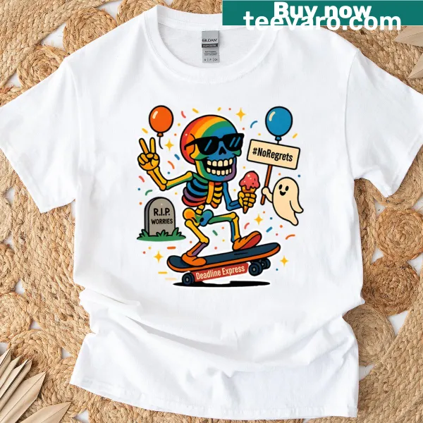 Vibrant rainbow skeleton skateboarding graphic on a playful T-shirt
