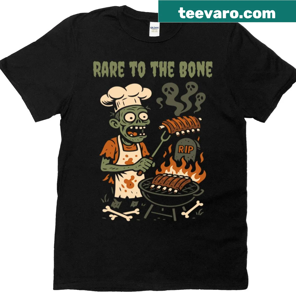 Zombie Rib Griller illustration on Halloween themed t-shirt. — on a men's t-shirt