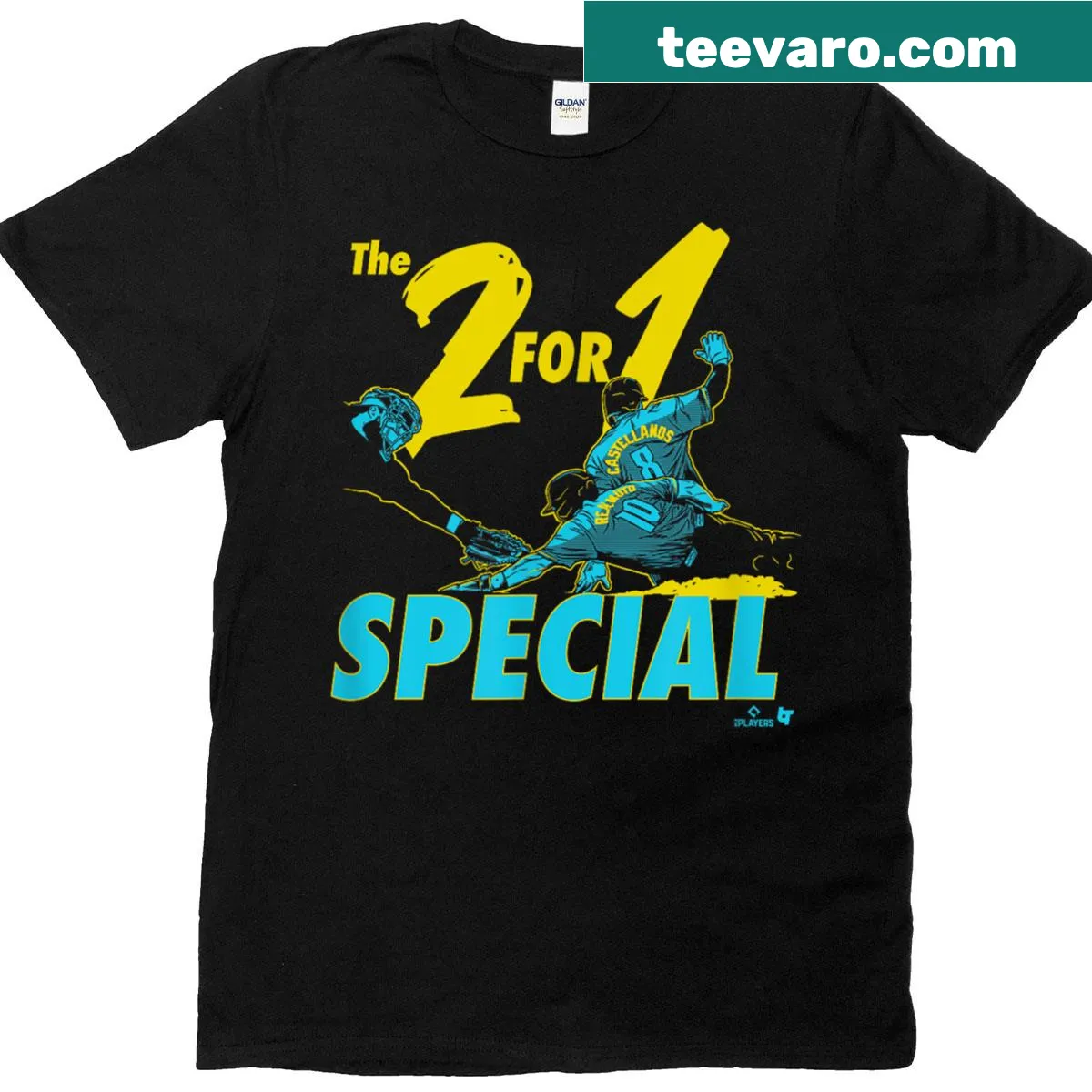 Vintage-style T-shirt featuring Realmuto and Castellanos names with a 2-for-1 graphic — on a men's t-shirt