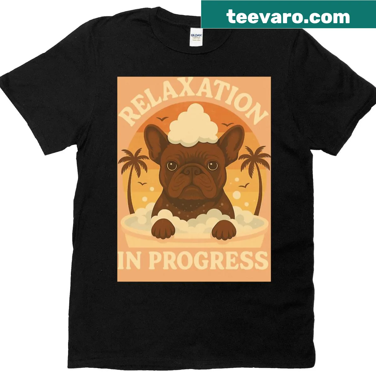 Funny T-shirt featuring a relaxed French Bulldog illustration. — on a men's t-shirt