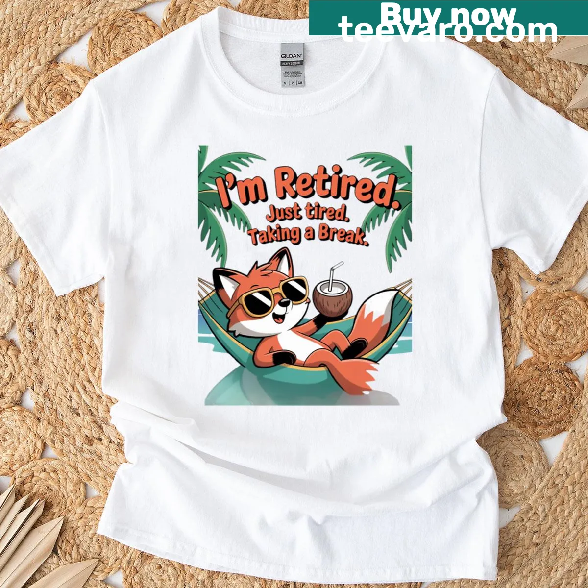 Illustration of a relaxed fox in a hammock on oversized t-shirt — on a men's t-shirt