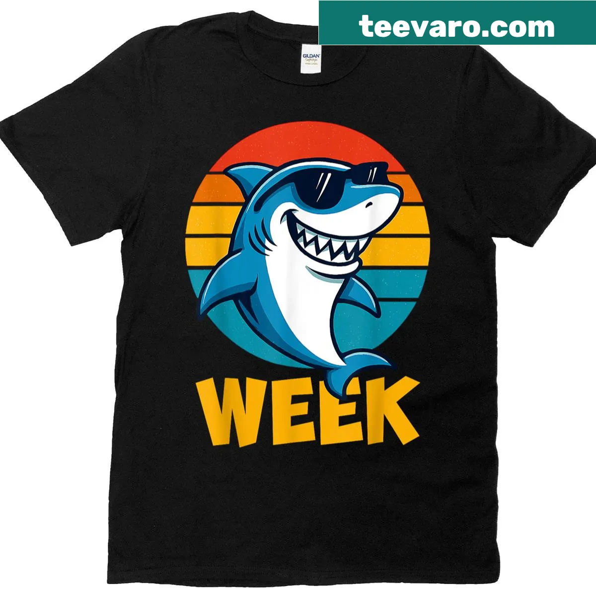 Retro shark fin graphic on a summer-themed t-shirt — on a men's t-shirt
