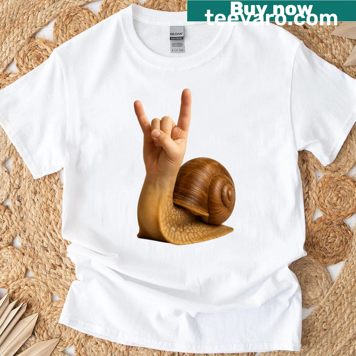 Cartoon snail with rock hand gesture on a T-shirt — on a men's t-shirt