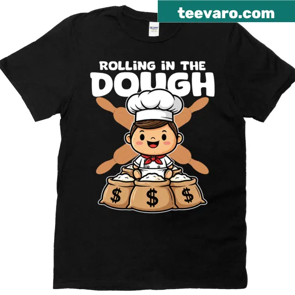 Cartoon T-shirt with a rolling pin and 'Rolling In The Dough' text
