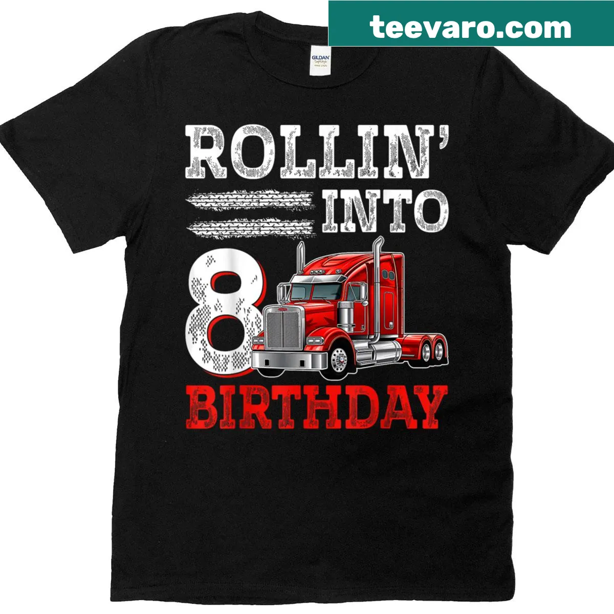 Kids t-shirt with cartoon semi truck and Rolling Into 8 text — on a men's t-shirt