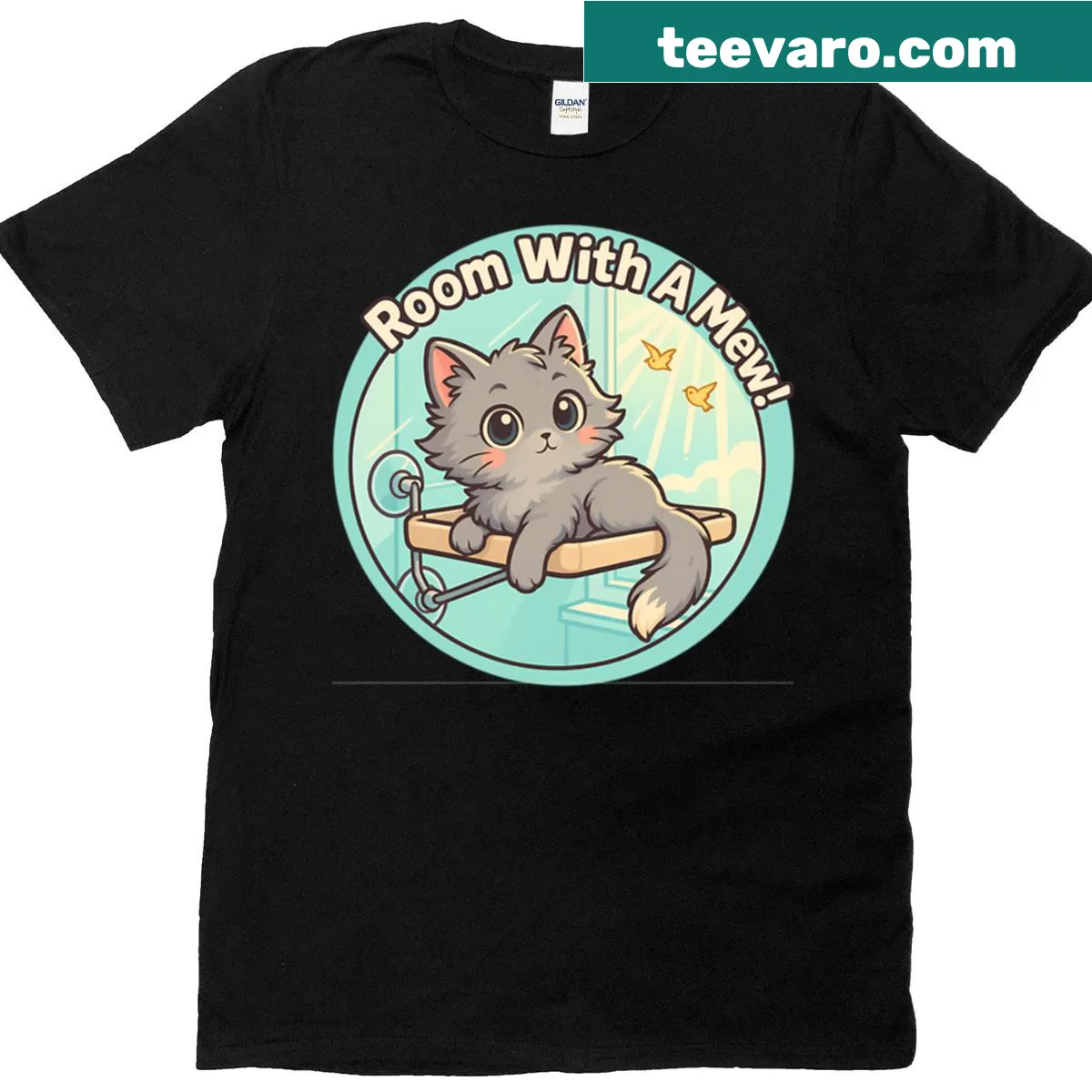 Illustration of a cat looking out a window on a t-shirt — on a men's t-shirt