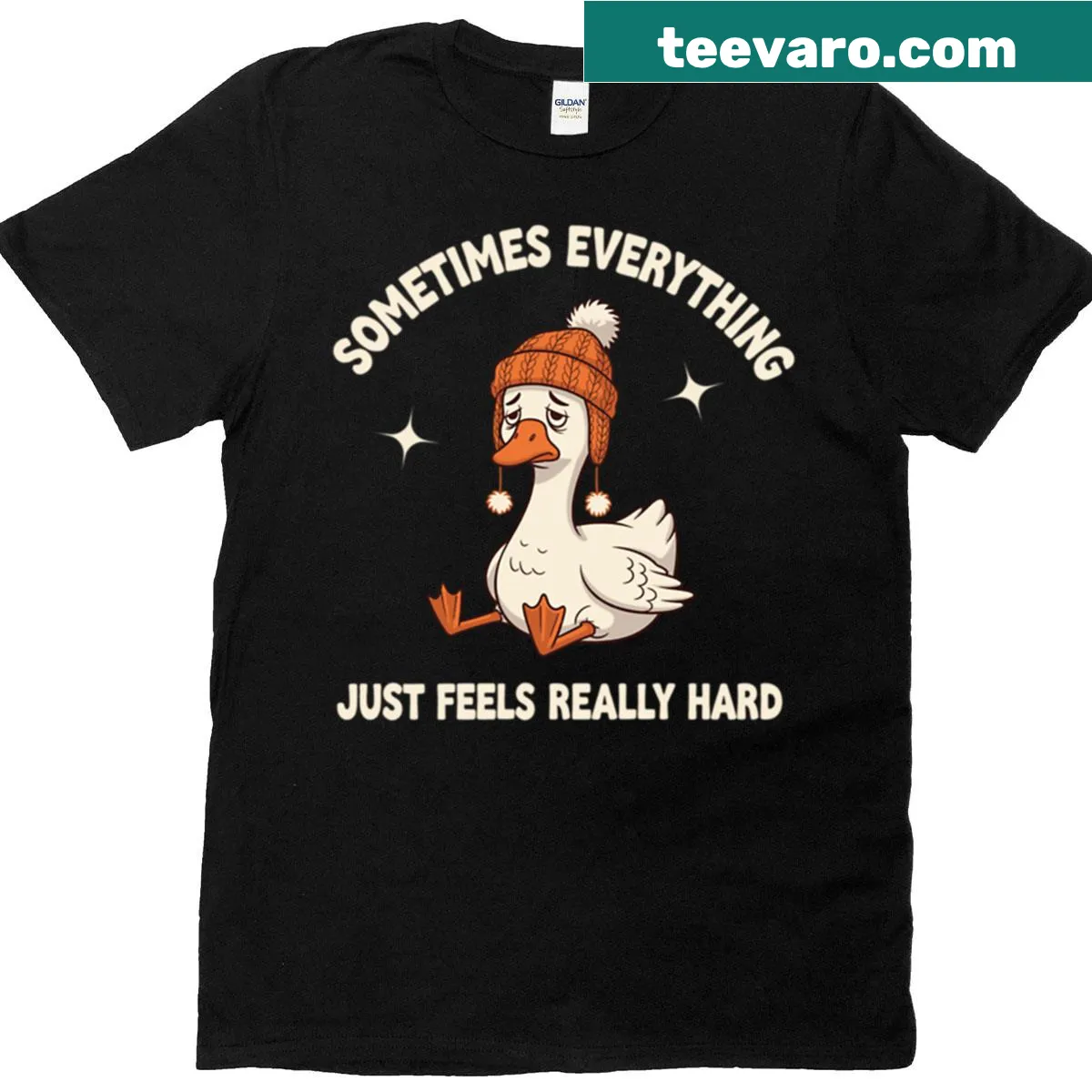 Funny t-shirt with tired goose illustration wearing a winter hat — on a men's t-shirt