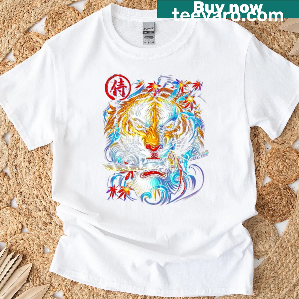 Fierce samurai spirit tiger illustration on a T-shirt — on a men's t-shirt