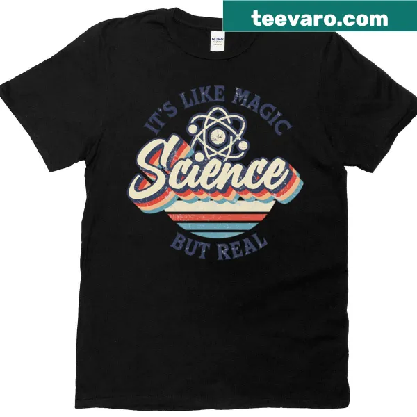 Oversized t-shirt with the phrase 'Science: It's Like Magic But Real' in whimsical typography