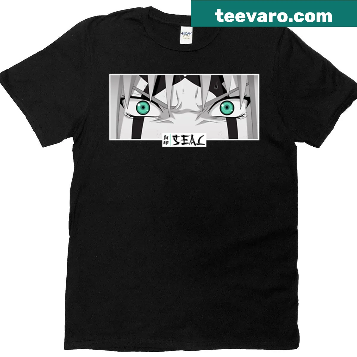 Cute monochrome T-shirt featuring a seal with anime-style eyes — on a men's t-shirt