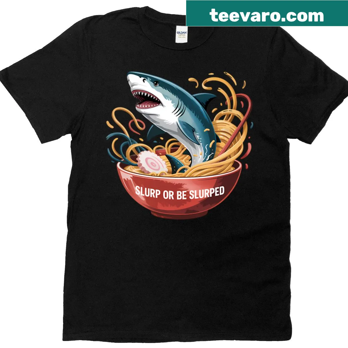 Oversized T-shirt with a shark jumping out of a ramen bowl — on a men's t-shirt
