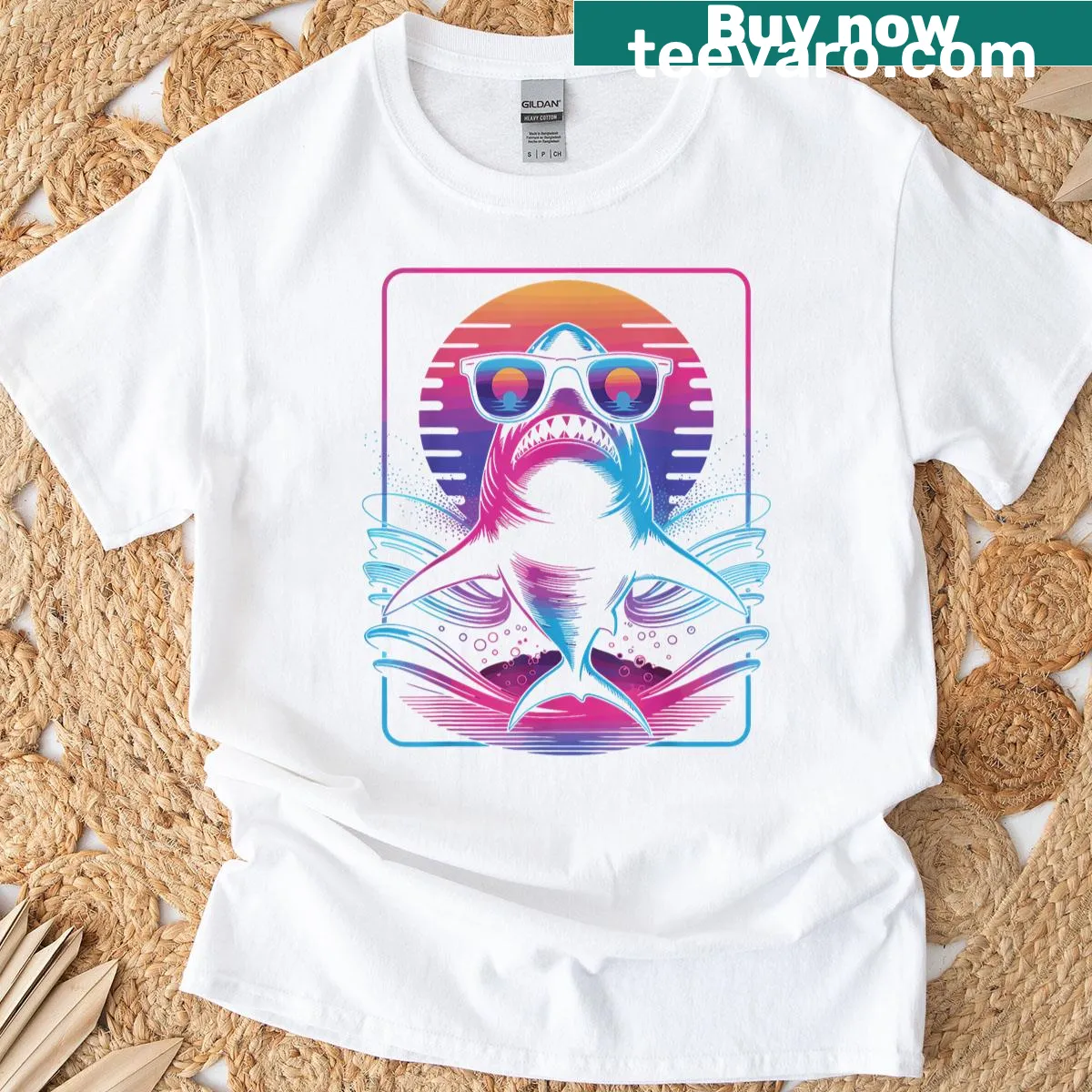 Retro shark in sunglasses with sunset and waves graphic T-shirt — on a men's t-shirt