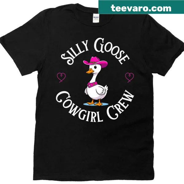 Funny T-shirt featuring a cartoon cowgirl silly goose design