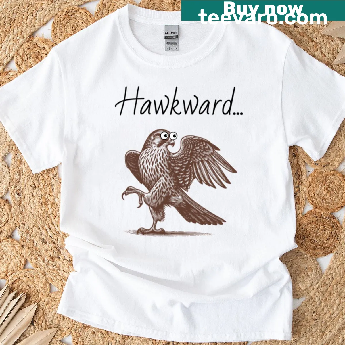 Cartoon hawk with goofy eyes on an oversized T-shirt — on a men's t-shirt