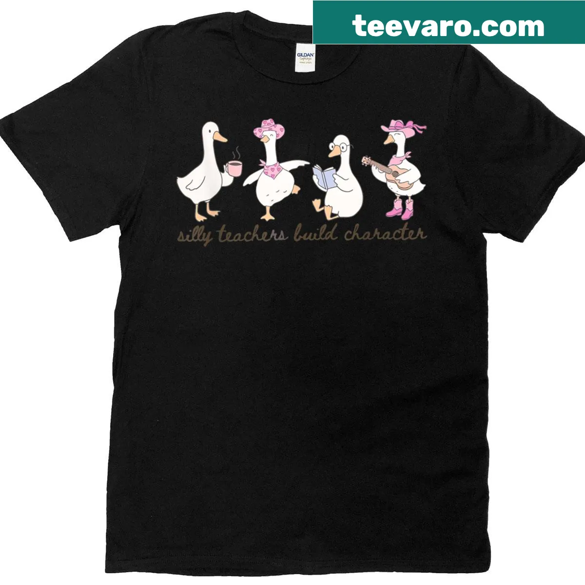 T-shirt with the quote 'Silly Teachers Build Character' and a goose graphic — on a men's t-shirt