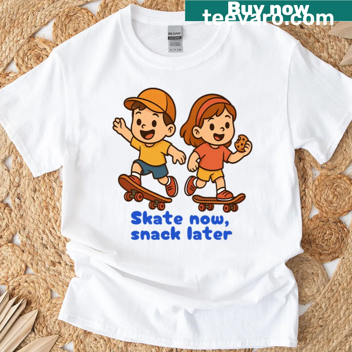 Oversized skater design t-shirt with Skate Now Snack Later text — on a men's t-shirt