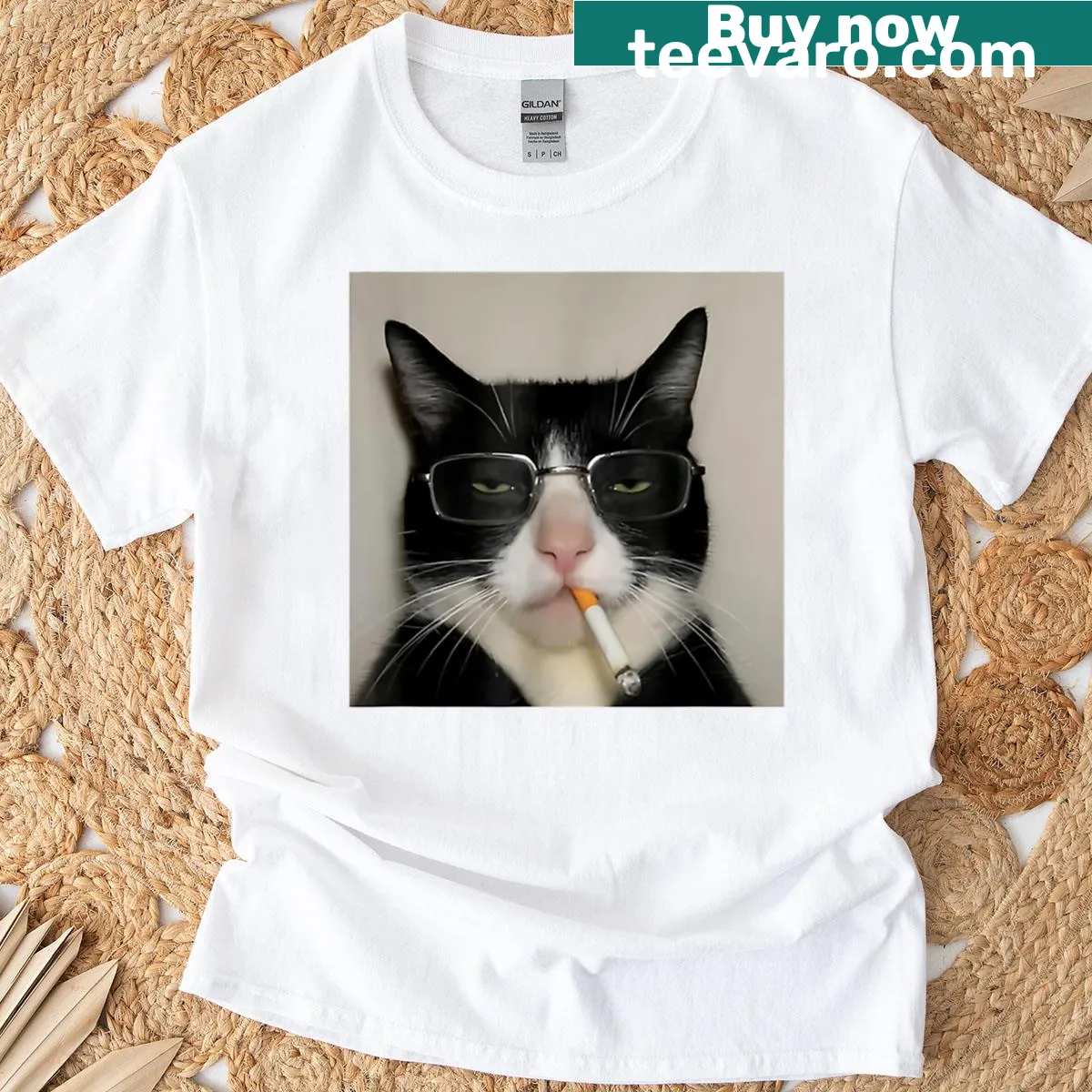Cartoon cat smoking meme, humorous family Christmas t-shirt — on a men's t-shirt