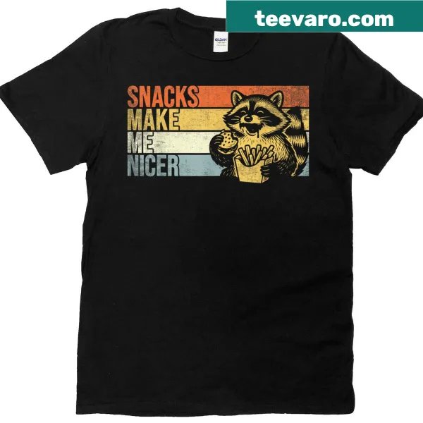 Text 'Snacks Make Me Nicer' with raccoon graphics