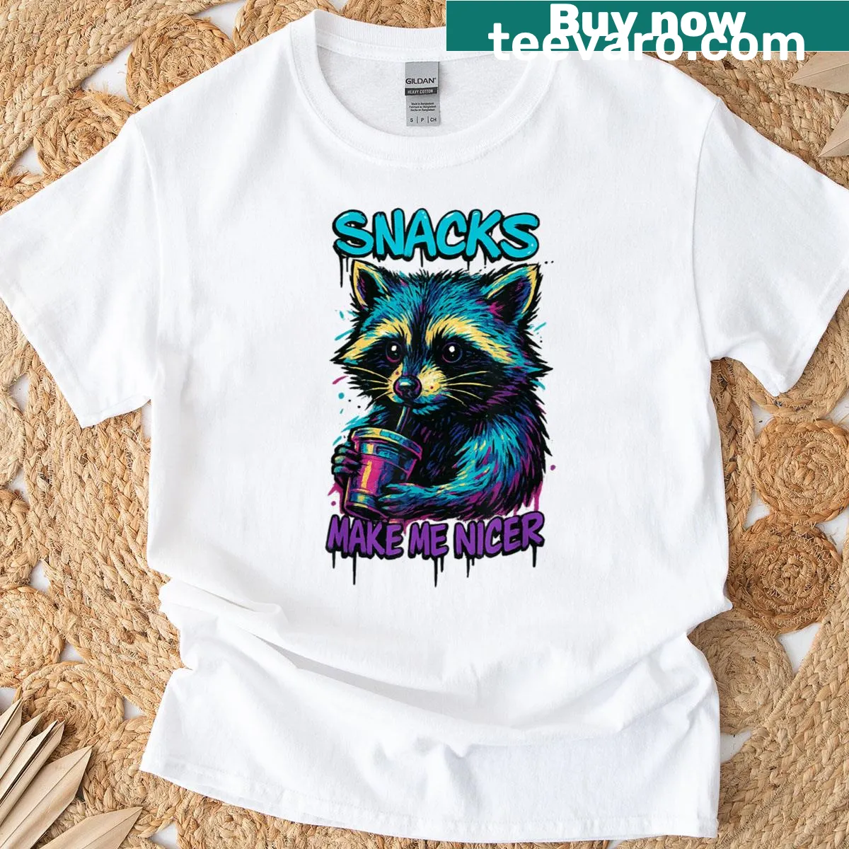 Sarcastic raccoon t-shirt featuring snacks theme — on a men's t-shirt