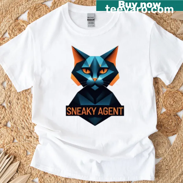 Illustration of a sneaky cat in blue on a T-shirt