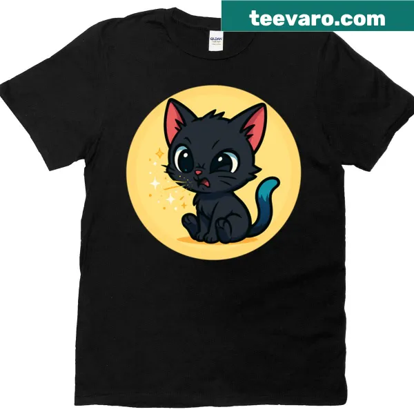 Oversized T-shirt with a cute sneezing black kitten graphic