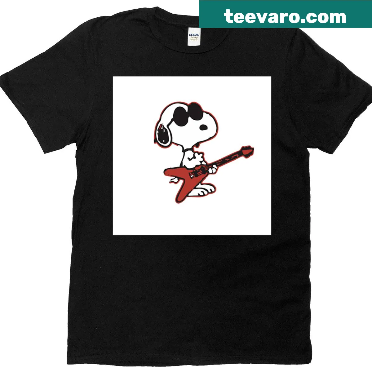 T-shirt featuring Snoopy as a rockstar in a musical pose — on a men's t-shirt