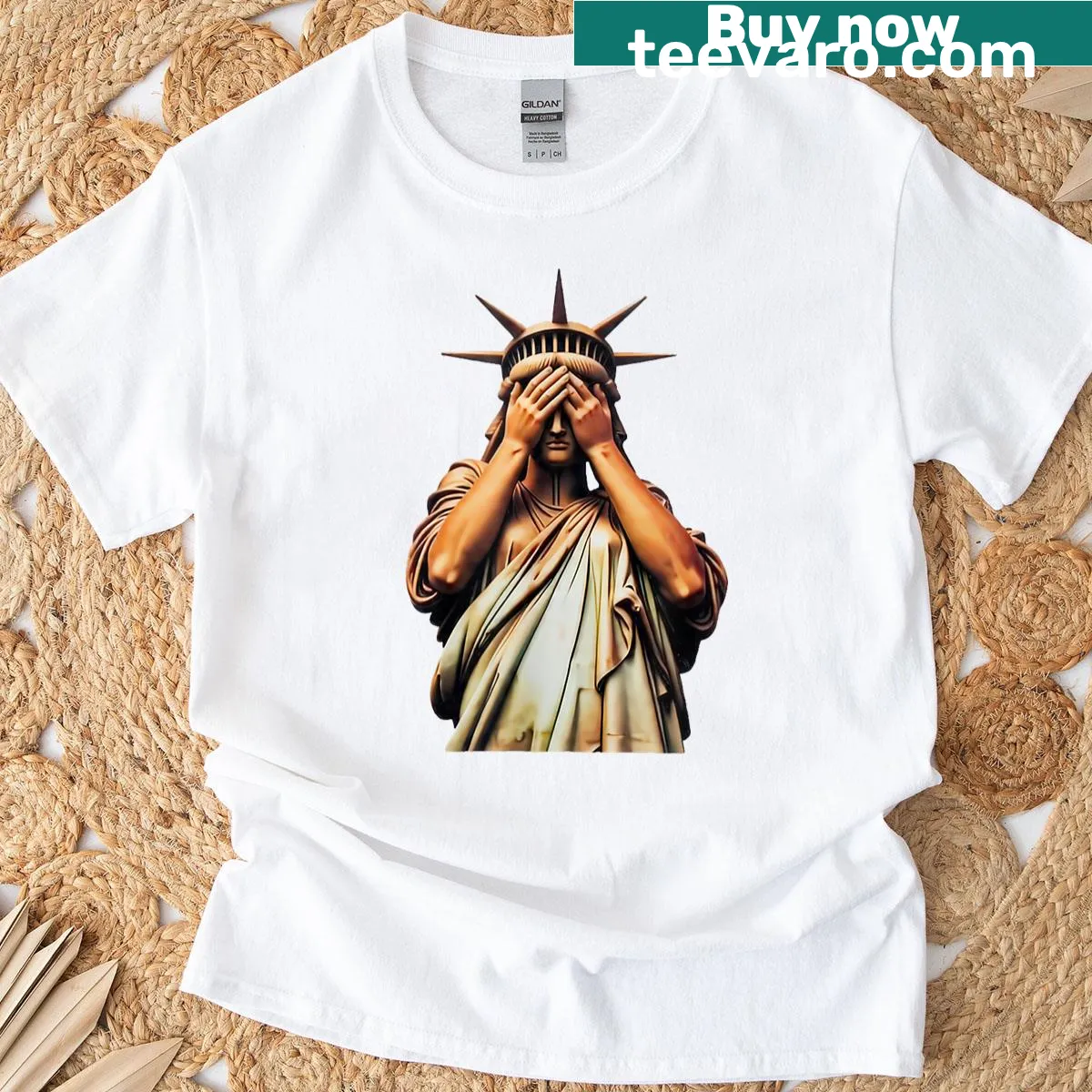 Statue of Liberty graphic covering her face in shame — on a men's t-shirt