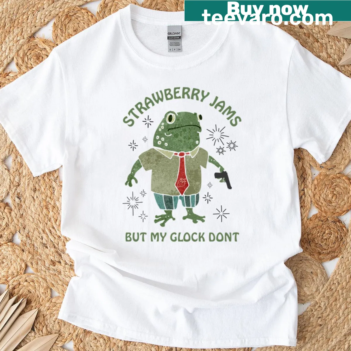 Funny T-shirt with playful text about strawberry jams and a frog — on a men's t-shirt