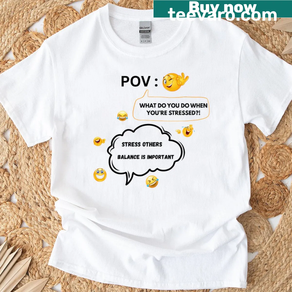 Inspirational graphic t-shirt with stress balance message — on a men's t-shirt
