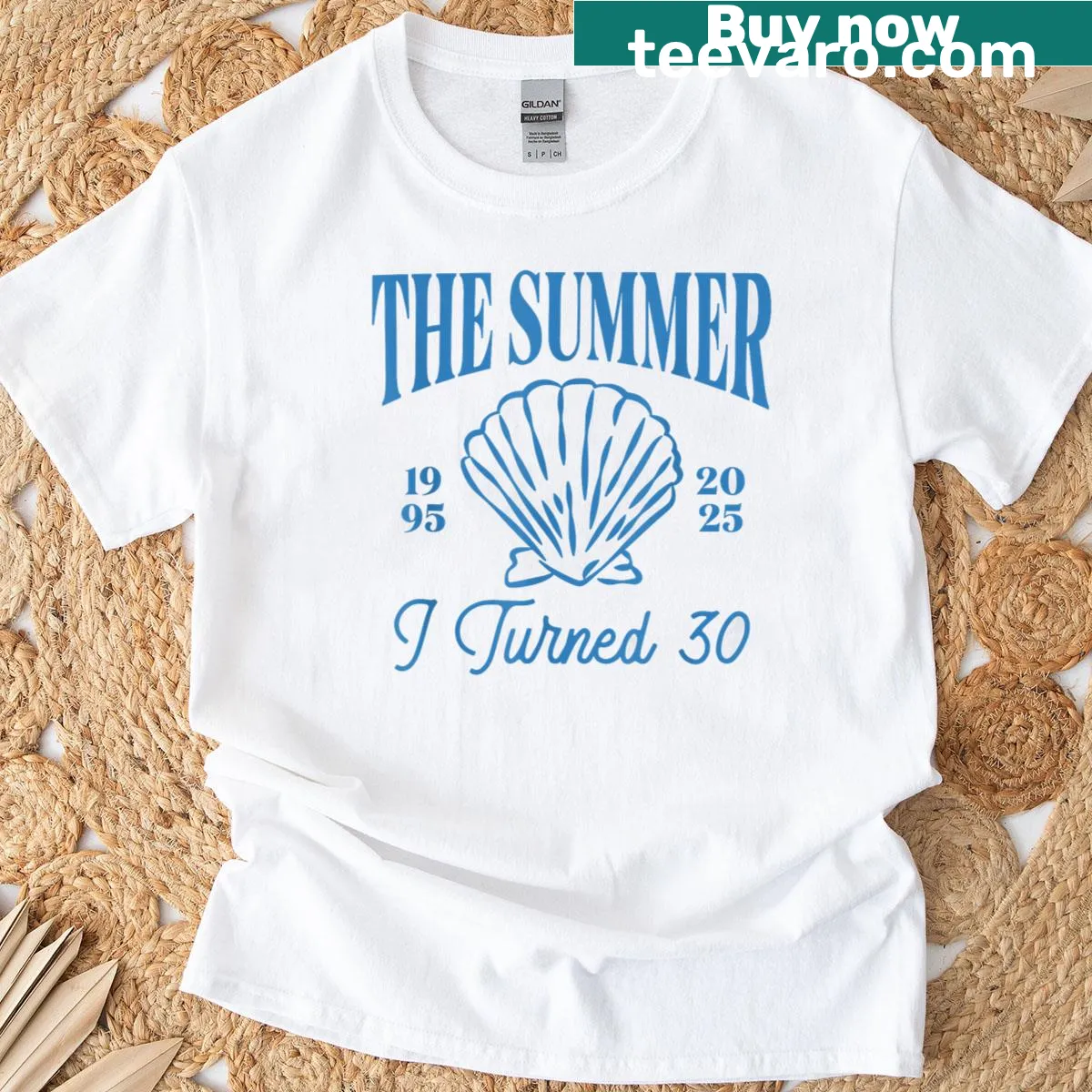 Seashell and coastal themed graphic for a 30th birthday t-shirt — on a men's t-shirt