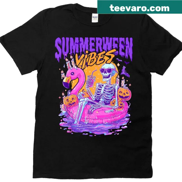 Whimsical skeleton flamingo graphic T-shirt for Summerween