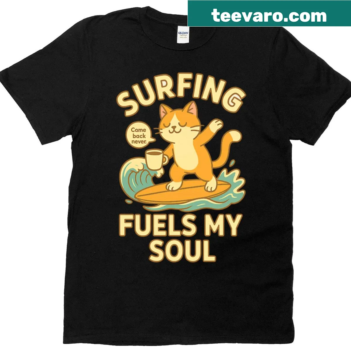 Funny T-shirt with a cat, coffee, and surfing illustration — on a men's t-shirt