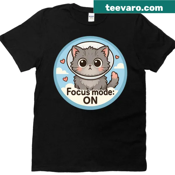 Illustration of a surprised grey kitten in an ice cream cone on a T-shirt